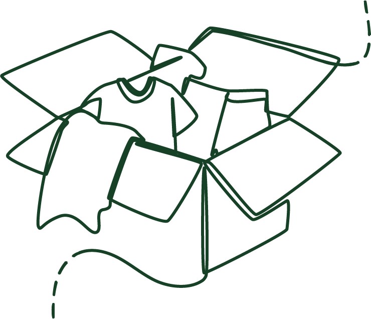Dark green continuous line drawing of various clothing items in a shipping box.