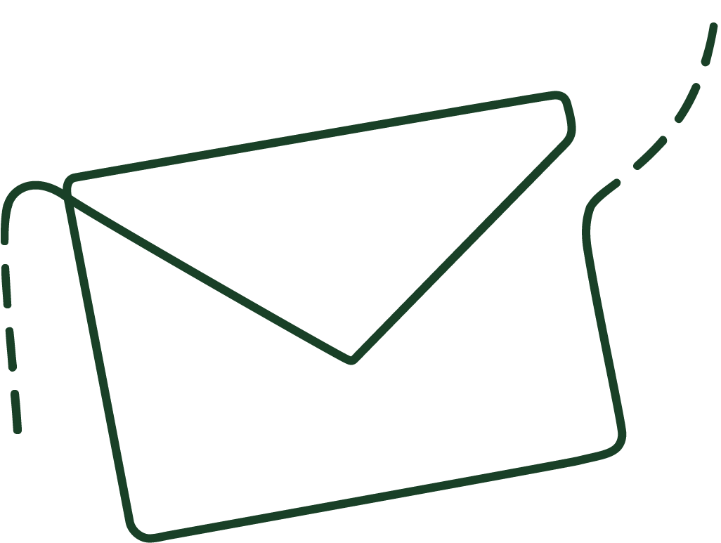Dark green continuous line drawing of an envelope.
