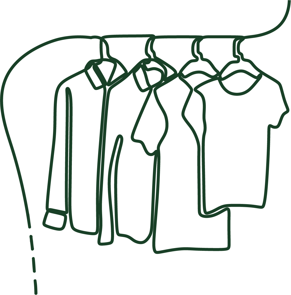 Dark green continuous line drawing of four clothing tops hanging on a clothing rack.