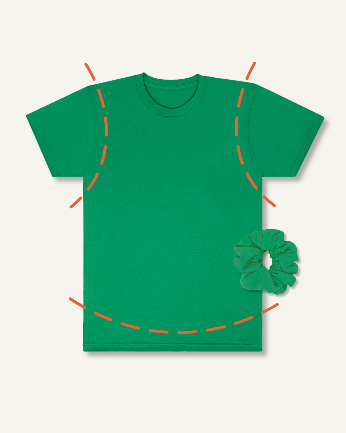 Green t-shirt with: (1) an arced orange dotted line above the shirt's hemline, implying the t-shirt's length will be cropped and finished with a round hemline, (2) mirrored arced orange dotted lines starting at the shoulder and ending at the armpit, implying the shirt’s sleeves will be removed, and (3) a matching green scrunchie, implying the t-shirt's scraps will be made into a Scrap Scrunchie.