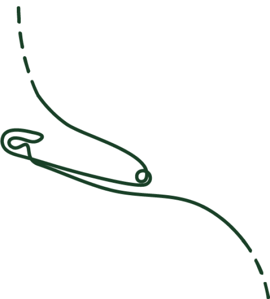 Dark green continuous line drawing of a safety pin.
