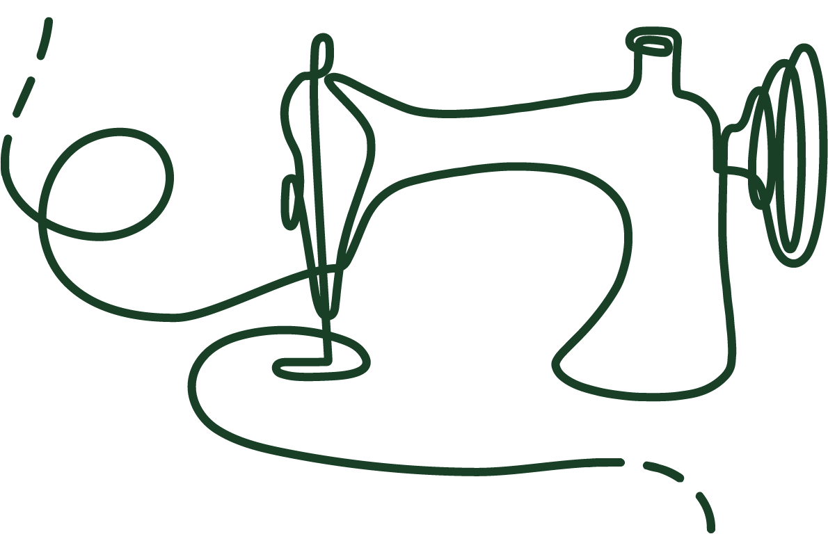 Dark green continuous line drawing of a sewing machine.