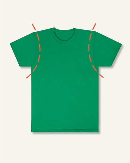 Green t-shirt with mirrored arced orange dotted lines starting at the shoulder and ending at the armpit, implying the shirt’s sleeves will be removed. 