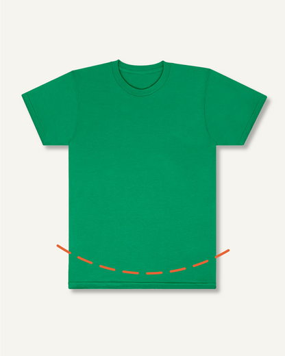 Green t-shirt with an arced orange dotted line above the shirt's hemline, implying the t-shirt will be cropped and finished with a round hemline.