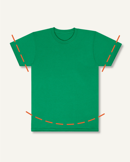 Green t-shirt with: (1) an arced orange dotted line above the shirt's hemline, implying the t-shirt will be cropped and finished with a round hemline and (2) straight orange dotted lines across both sleeves, implying the shirt’s sleeves will be shortened.